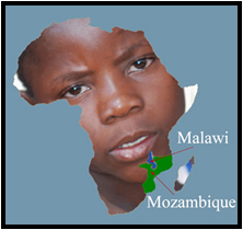 Malawi Child's face in a map of Africa with emphasis on Malawi and Mozambique